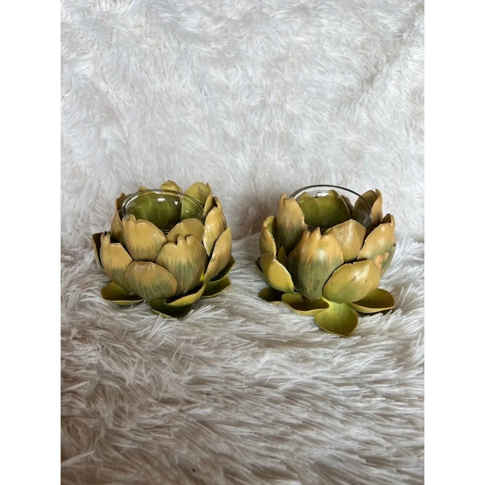 Artichoke Votive Candle Holders Set of 2 Green Yellow Botanical Decor